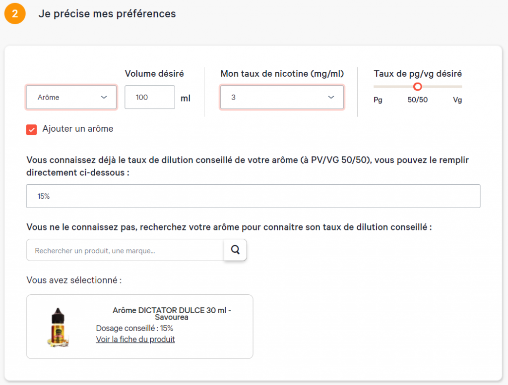 Cigusto notre calculateur de DIY, le volume d'arôme que je souhaite utiliser