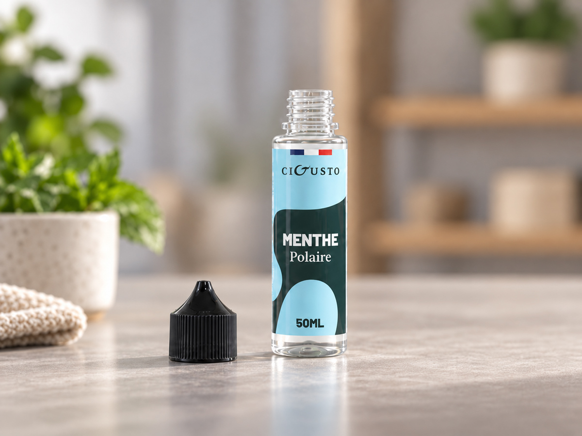 Un flacon d'e-liquide 50 ml posé sur un plan de travail.