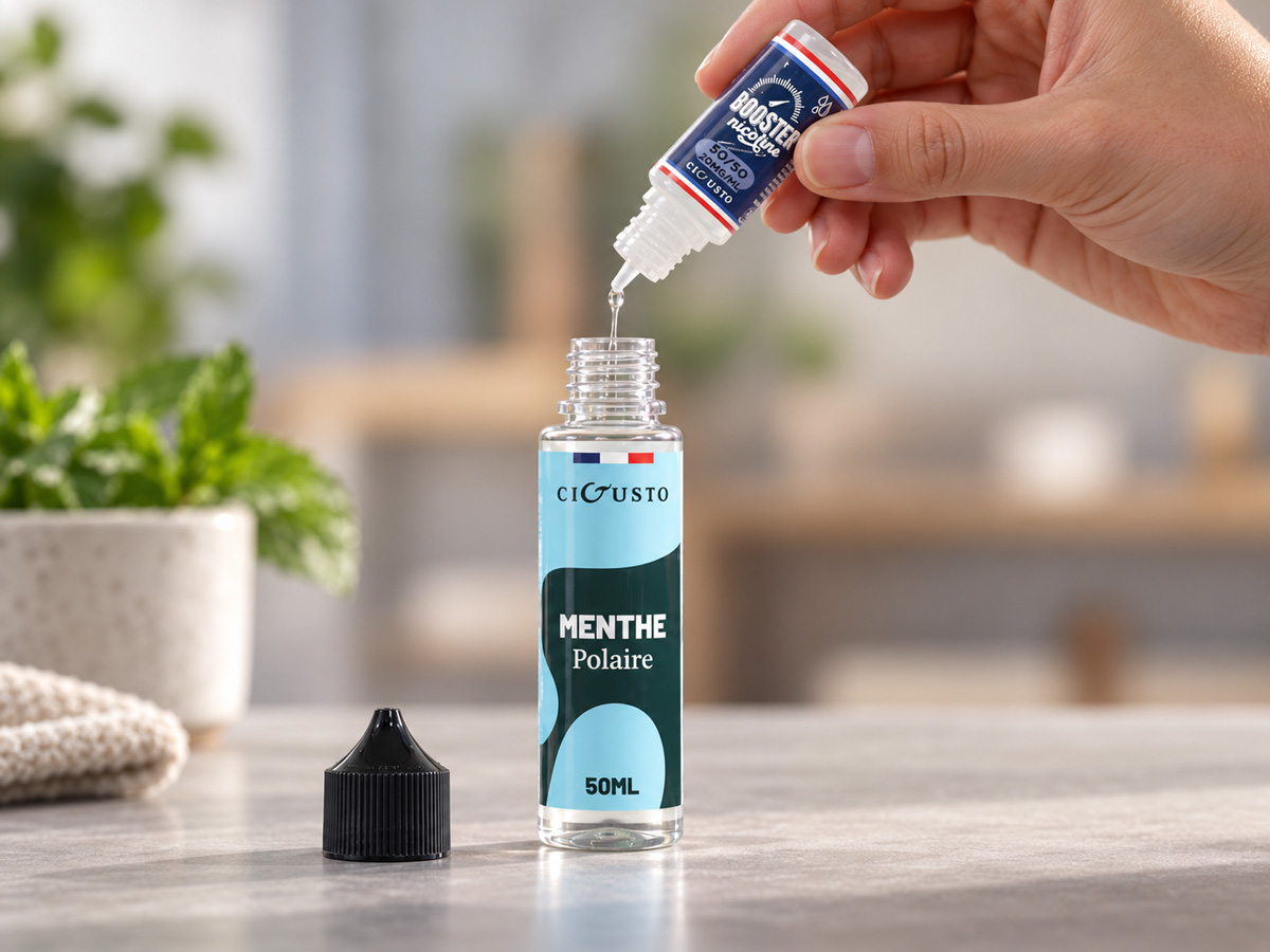 Versement du booster de nicotine dans le flacon d'e-liquide.