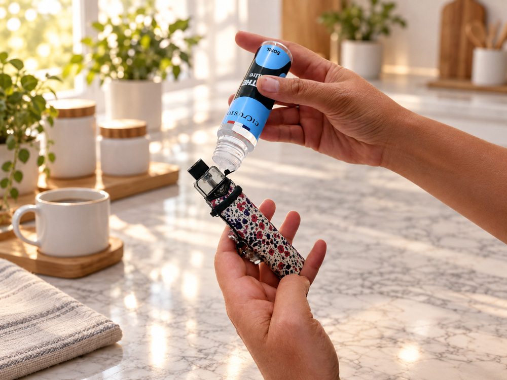 Remplissage d'un pod avec l'e-liquide Menthe Polaire 50 ml, prêt à vapoter.