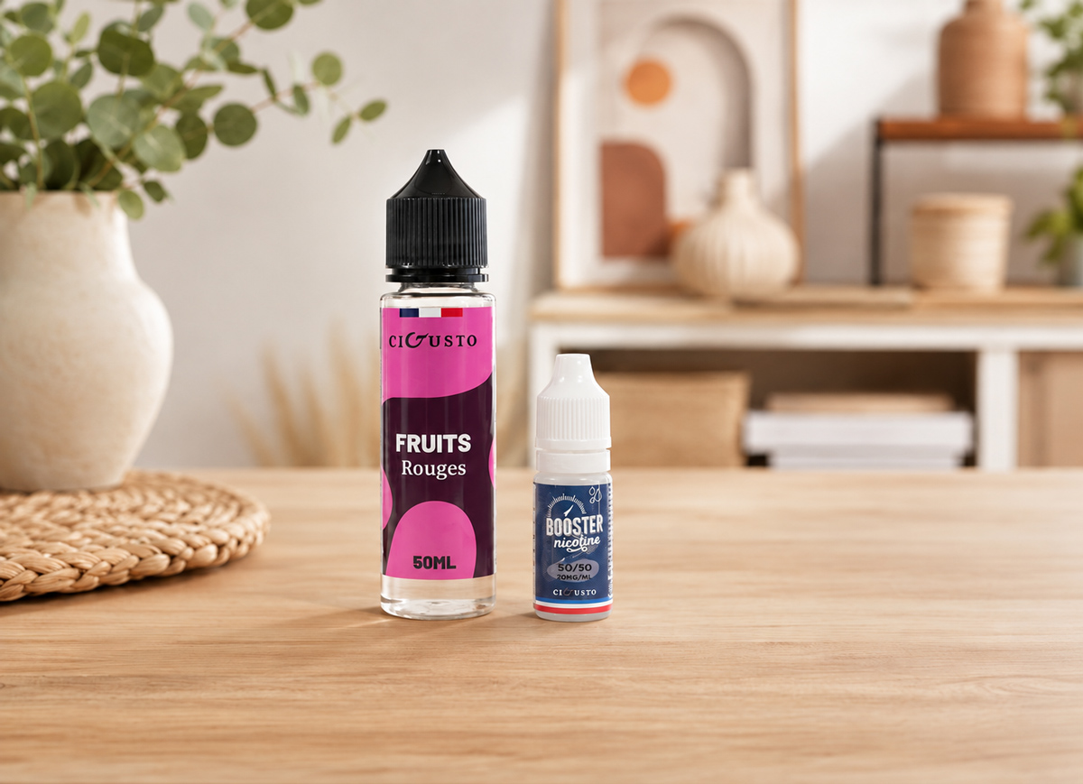 Un e-liquide Cigusto 50 ml et un booster de nicotine 10 ml : le mélange donne 60 ml à 3 mg/ml.