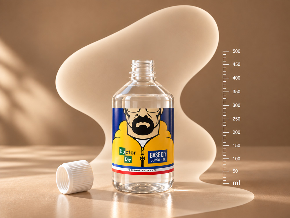 Le bidon de base Doctor DIY ouvert, à côté d'une échelle graduée en millilitres.