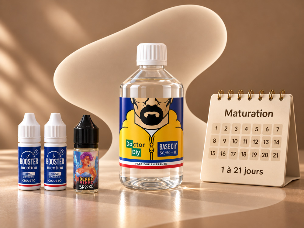 Le bidon et les composants posés près d'un calendrier de maturation de 1 à 21 jours.