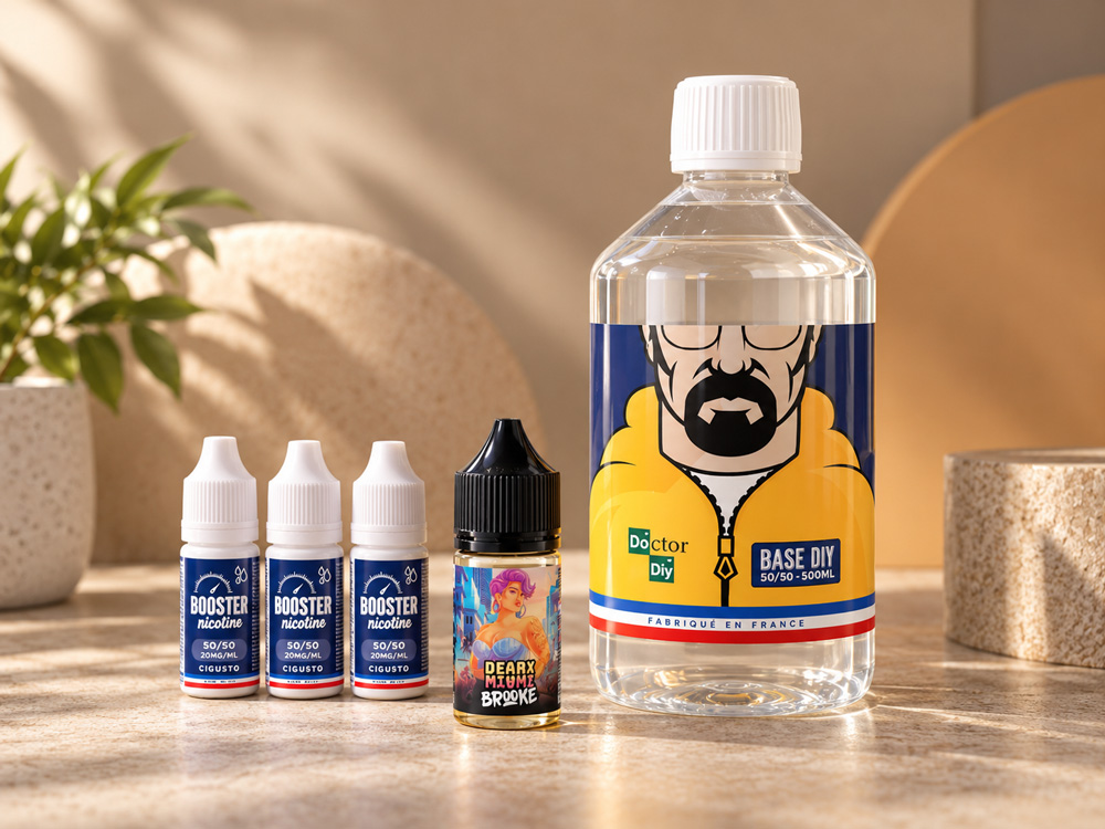 Une base Doctor DIY 50/50, trois boosters de nicotine et un concentré Deaax Miami Brooke, prêts pour le mélange.