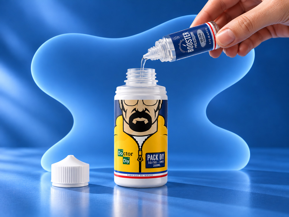 Versement d'un booster de nicotine dans le flacon du pack Doctor DIY.
