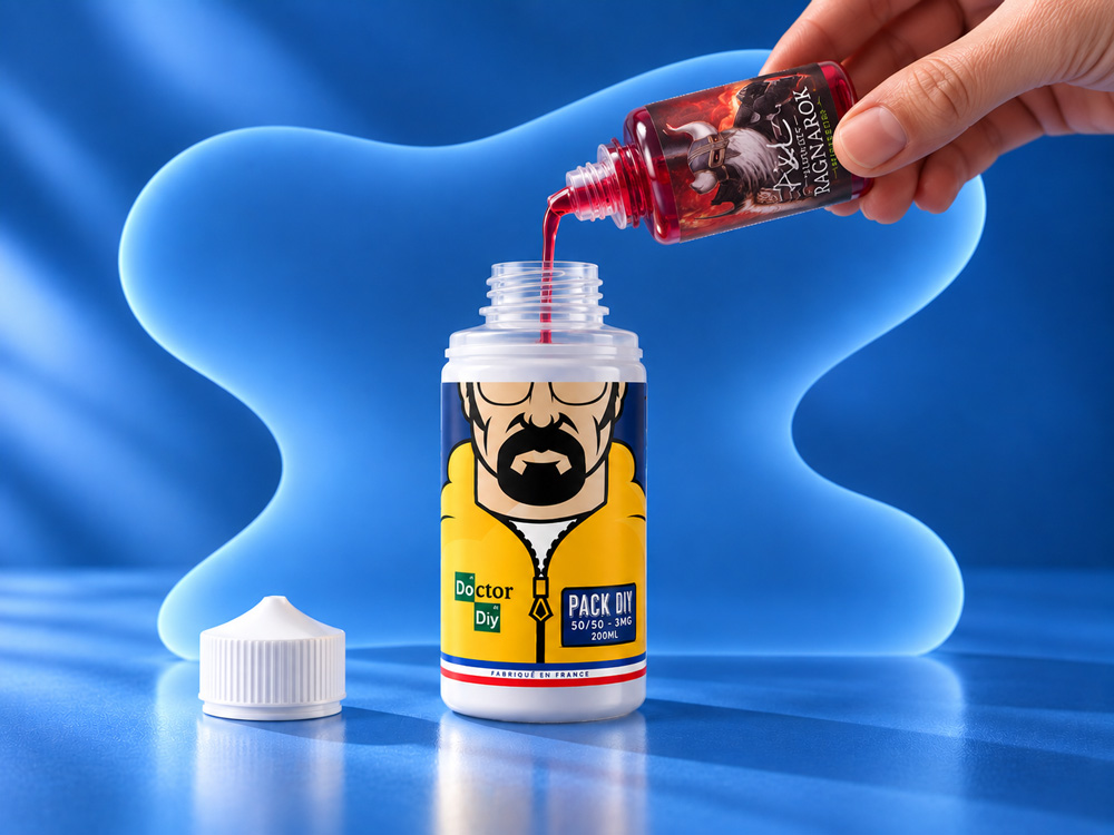 Versement du concentré Ragnarok dans le flacon du pack Doctor DIY.