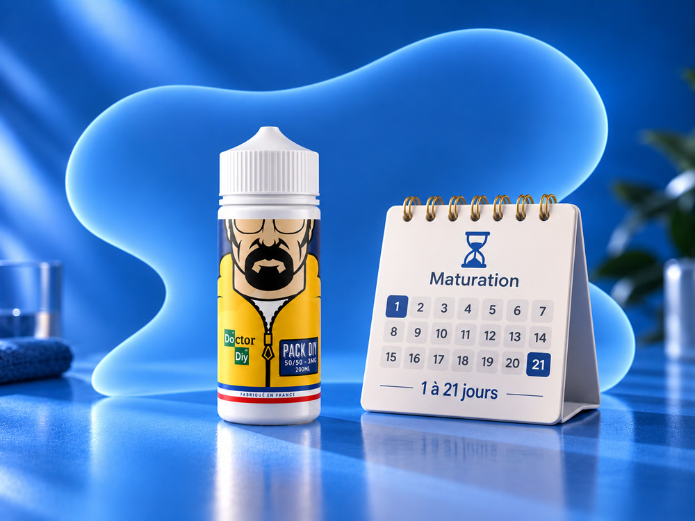 Le flacon posé à côté d'un calendrier de maturation de 1 à 21 jours.