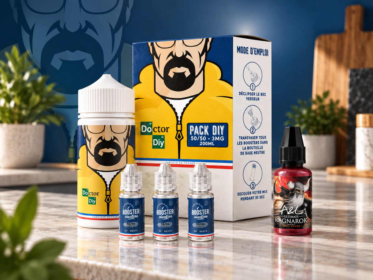 Préparation d'un e-liquide DIY à partir d'un pack Doctor DIY.
