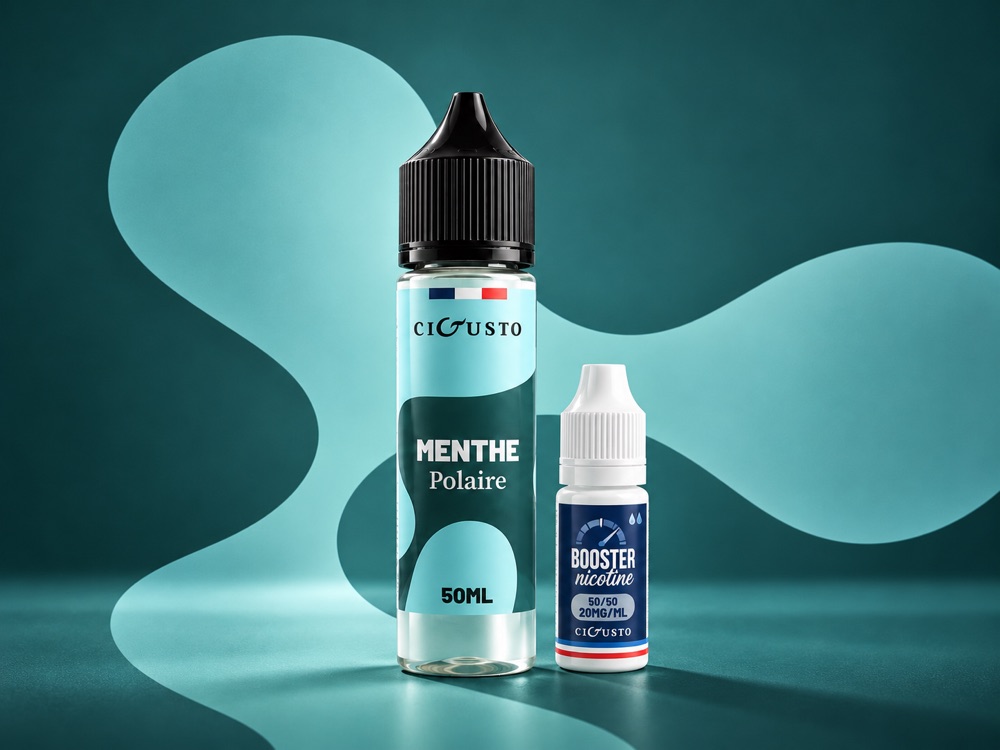 Un e-liquide Cigusto Menthe Polaire 50 ml et un booster de nicotine 10 ml.