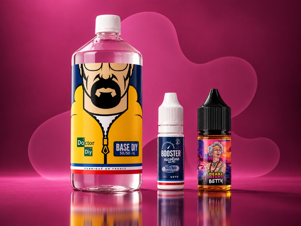 Une base Doctor DIY 1 L, un booster de nicotine et un concentré Deaax Mamma Betty.