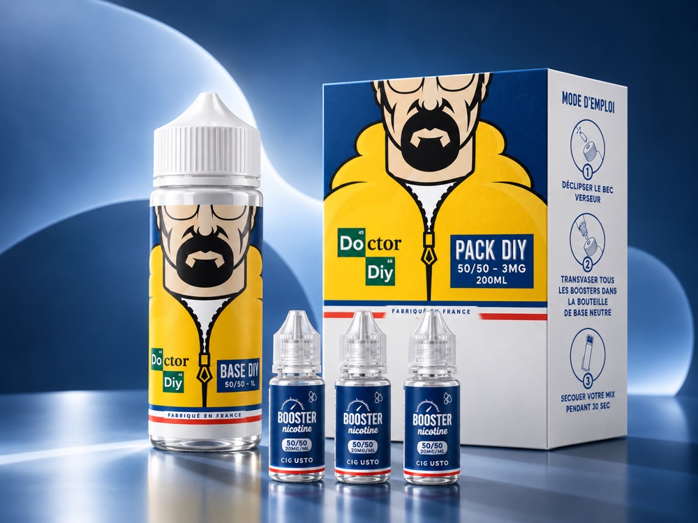 Le pack DIY Doctor Diy : sa boîte, la base 50/50 et trois boosters de nicotine.