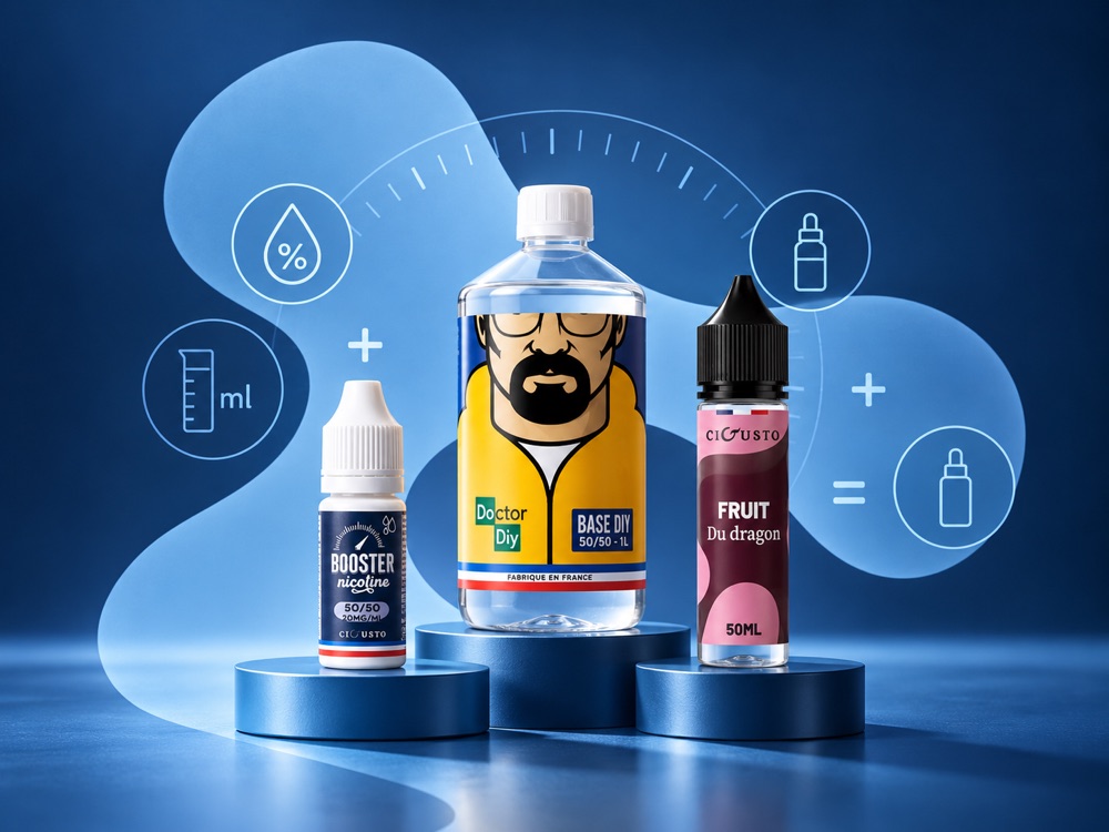 Un booster de nicotine, une base Doctor DIY 1 L et un e-liquide Fruit du dragon sur des podiums, avec les symboles du calcul.