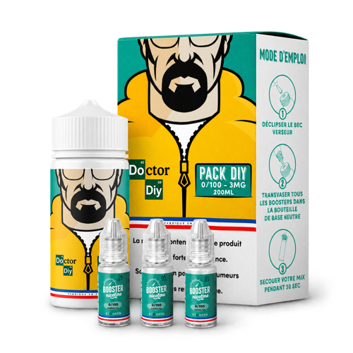 Pack Doctor DIY 0/100 : flacon de base et ses boosters de nicotine.