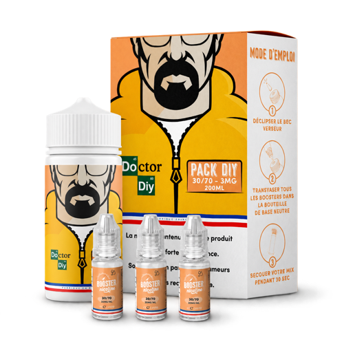 Pack Doctor DIY 30/70 : flacon de base et ses boosters de nicotine.
