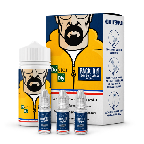 Pack Doctor DIY 50/50 : flacon de base et ses boosters de nicotine.