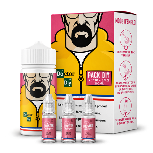 Pack Doctor DIY 70/30 : flacon de base et ses boosters de nicotine.